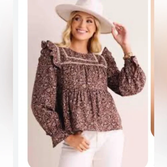 &merci Floral Ruffle Cotton Blouse - Brown - Picture 1 of 16